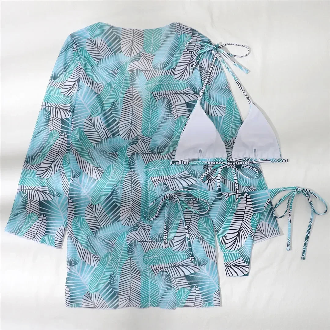 With Cover Up Leaves Printed Bikini Women Swimwear Female Swimsuit Three-pieces Bikini Set Bather Bathing Suit Swim Beachwear