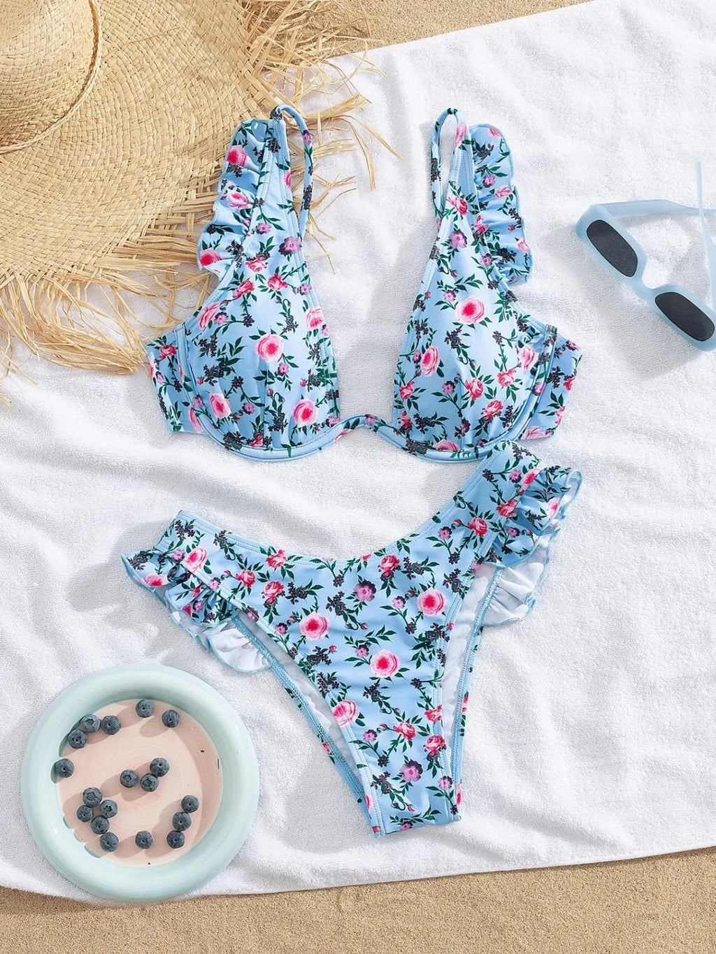 Sexy Green Floral Print Bikini Set 2025 Women Ruffles Push Up Underwire Micro Swimsuit Summer Bathing Suit Two Piece Swimwear
