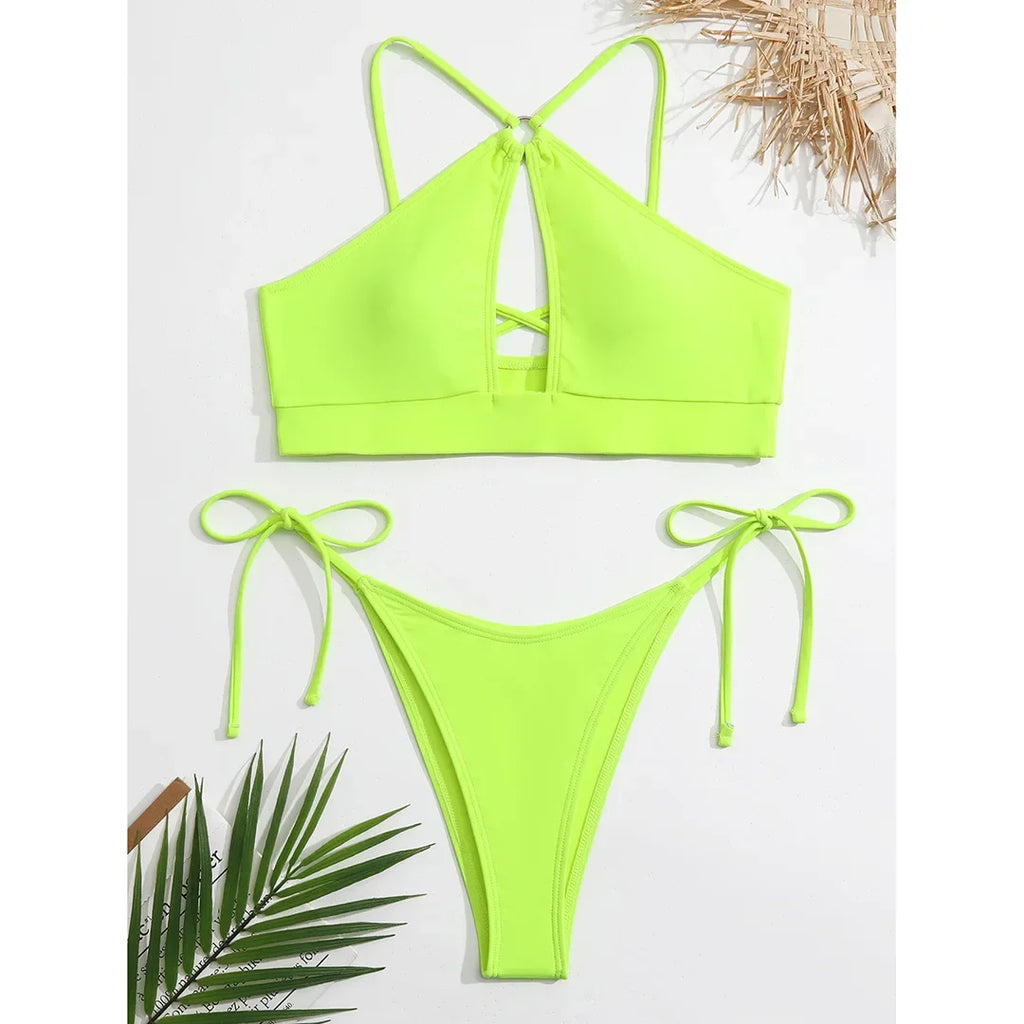 Cut Out Halter Bikini Female Swimsuit Women Swimwear Two-pieces Bikini set Padded Strappy Bather Bathing Suit Swim Lady V3423