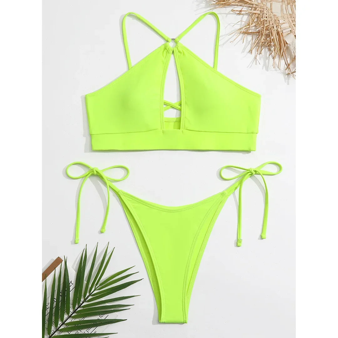 Cut Out Halter Bikini Female Swimsuit Women Swimwear Two-pieces Bikini set Padded Strappy Bather Bathing Suit Swim Lady V3423