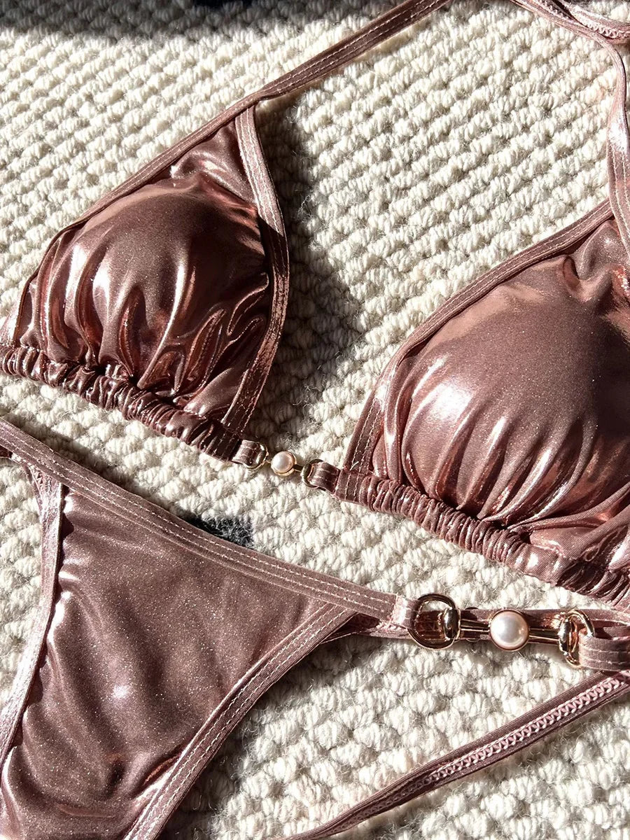PU Leather Pearls Bikini Mini Micro Thong Bikinis Women Swimwear Female Swimsuit Two-piece Bikini Set Halter Bathing Suit Swim