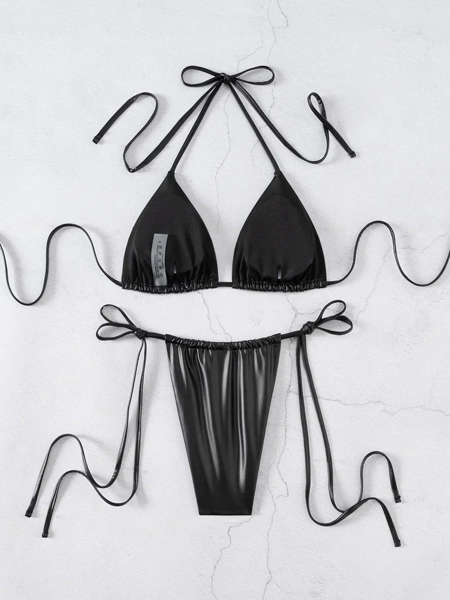 PU Faux Leather Mini Micro String Bikini Women Swimsuit Female Swimwear Two-pieces Bikini Set Thong Bathing Suit Swim Beachwear