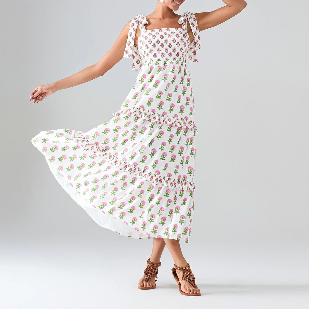 Flower Print Tie Strap Swing Dress Women A-Line Square Neck Tiered Ruffled Summer Bohemian Beach Long Tank Dress