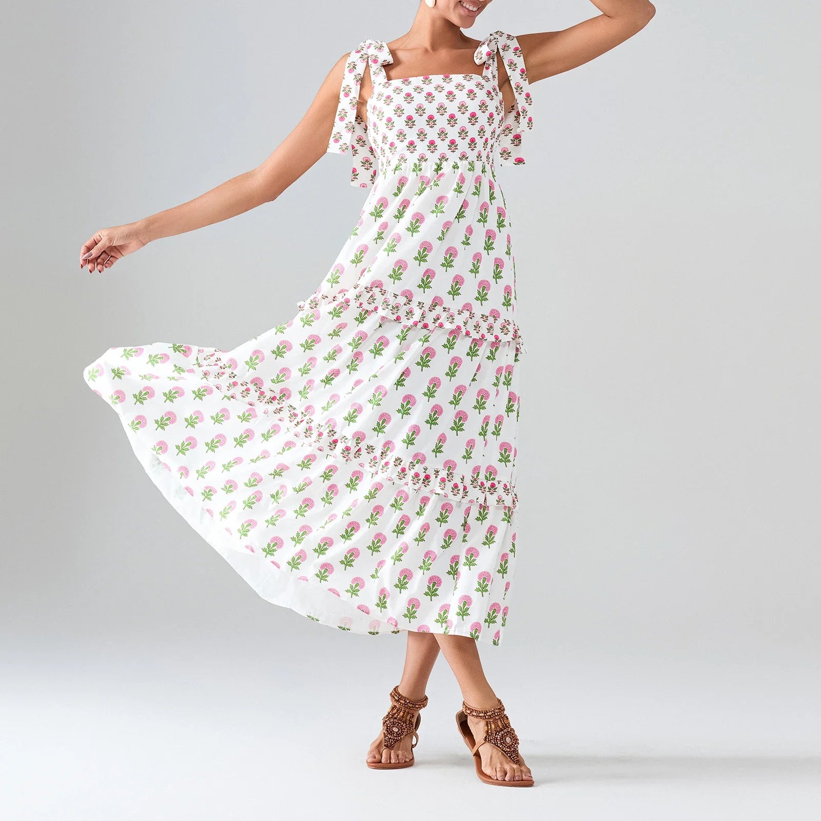 Flower Print Tie Strap Swing Dress Women A-Line Square Neck Tiered Ruffled Summer Bohemian Beach Long Tank Dress