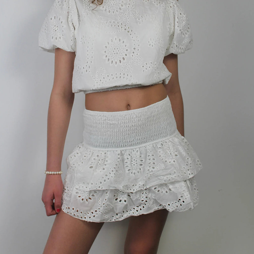 Shirred Mini Skirt A-Line Pointelle High Waist Layered Ruffle Skirt for Women 2024 Summer Solid Color Sweet Skirts