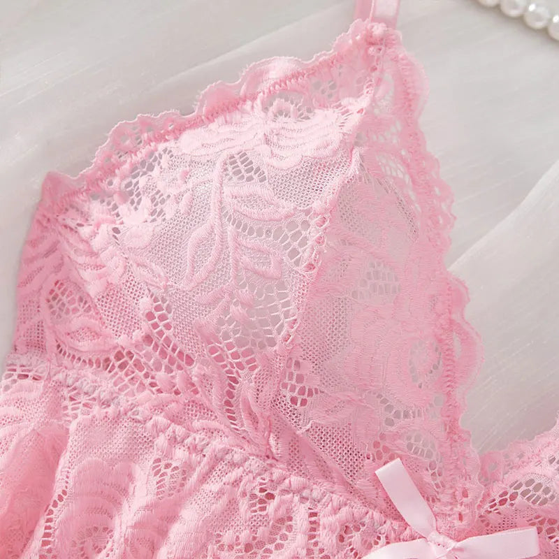 Sexy Lingerie Set Women Erotic Bra Nightdress Sexy Lace V-Neck Underwear Solid Slim Soft Dresses Transparent Thong & Sleepwear