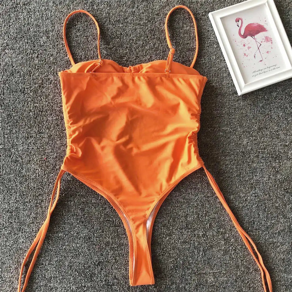 Sexy Lace Up Tummy Cut Out Monokini One Piece Swimsuit Women Swimwear Female Leopard Thong Bather Bathing Suit Swim Wear V1290