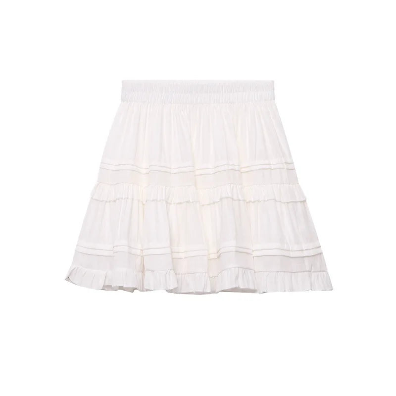 Sweet Korean Style Lace Loose Short Skirt White Tiered Ruffled Mini Skirt Elastic Waist Cute Casual Summer Skirt For Women EHAB