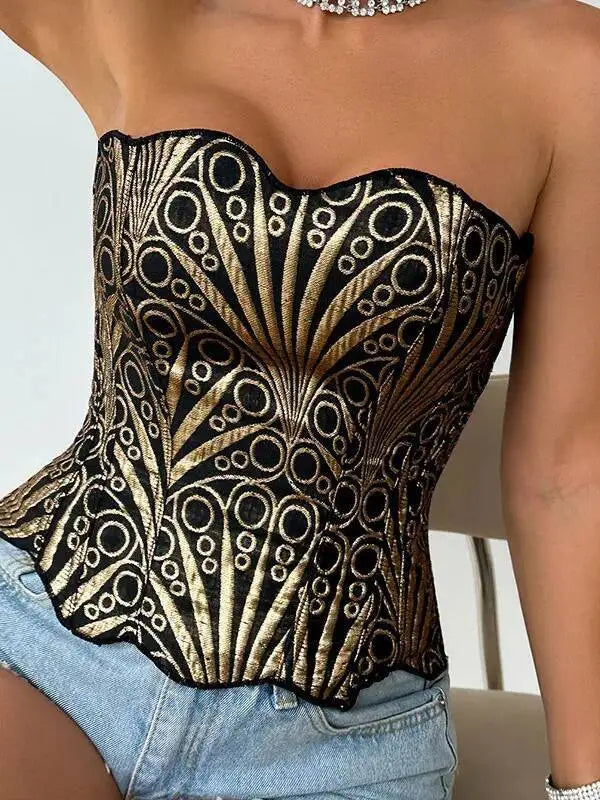 Hollow Irregular Sequin Double Layer Corset Court Style Waist Cincher Mesh Breathable Sexy Tube Casaul Pure Desire Top V466