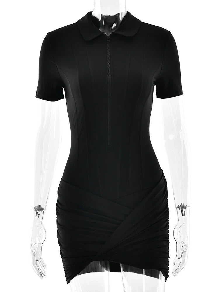 FDYOUI Women's Polo Collar Zip-up Jumpsuit Dress Chic Short Sleeve Folds Solid Bodysuits One Piece Yoga Fitness Sporty Playsuits