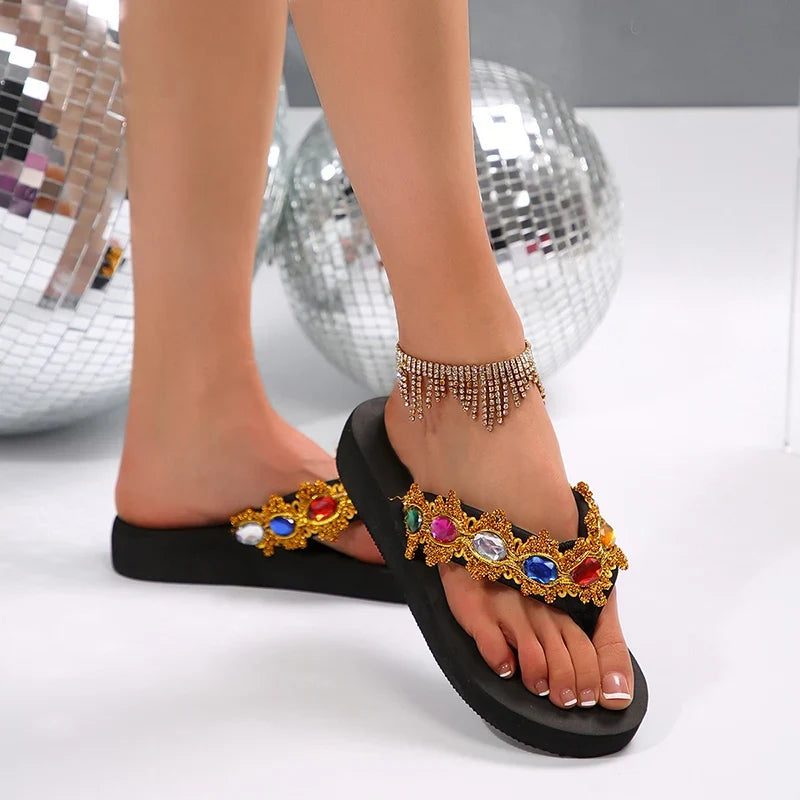 Luxury Colorful Rhinestone Flip Flops Women Fashion Weightlight Flat Slippers Woman Outdoor Non Slip Clip Toe Slides Female