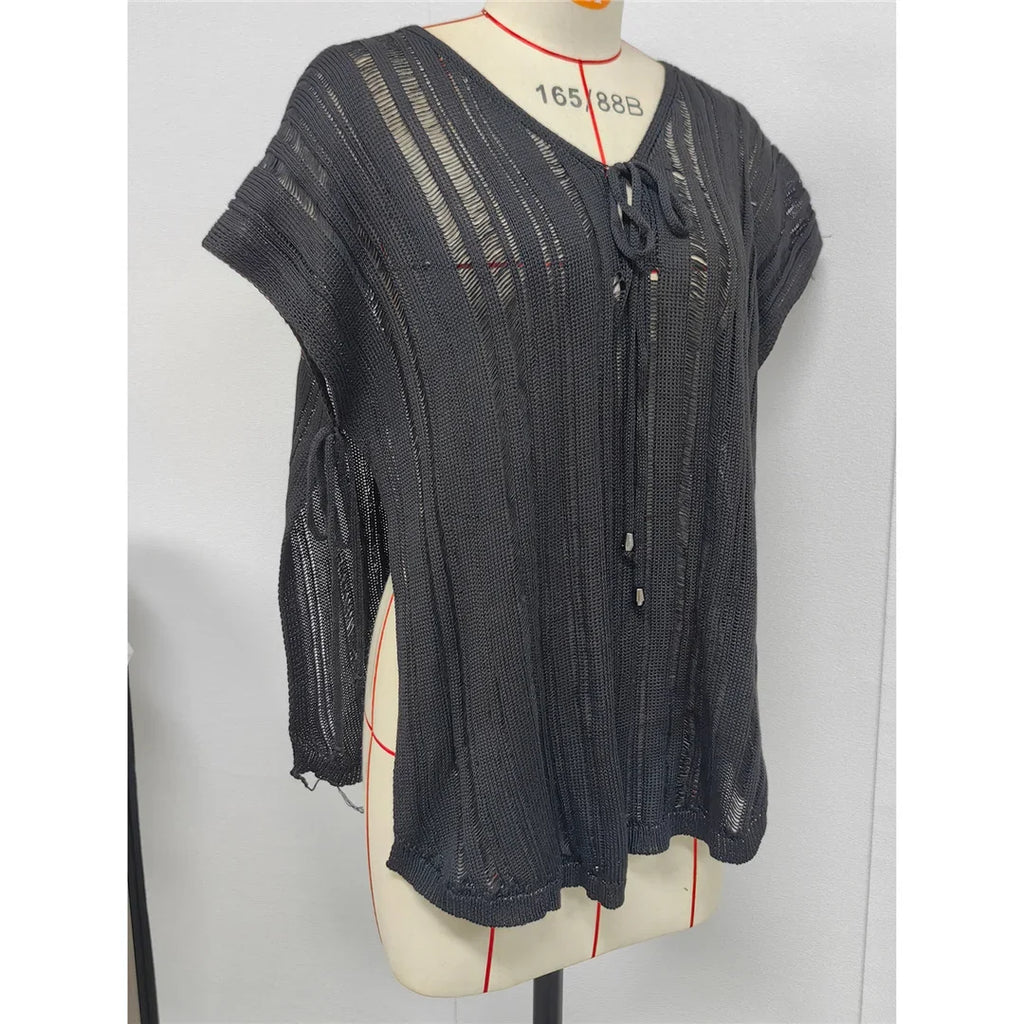 2026 New Short Sleeve V Neck Crochet Knitted Tunic Beach Cover Up Cover-ups Beach Dress Beach Wear Beachwear Female Women V8211