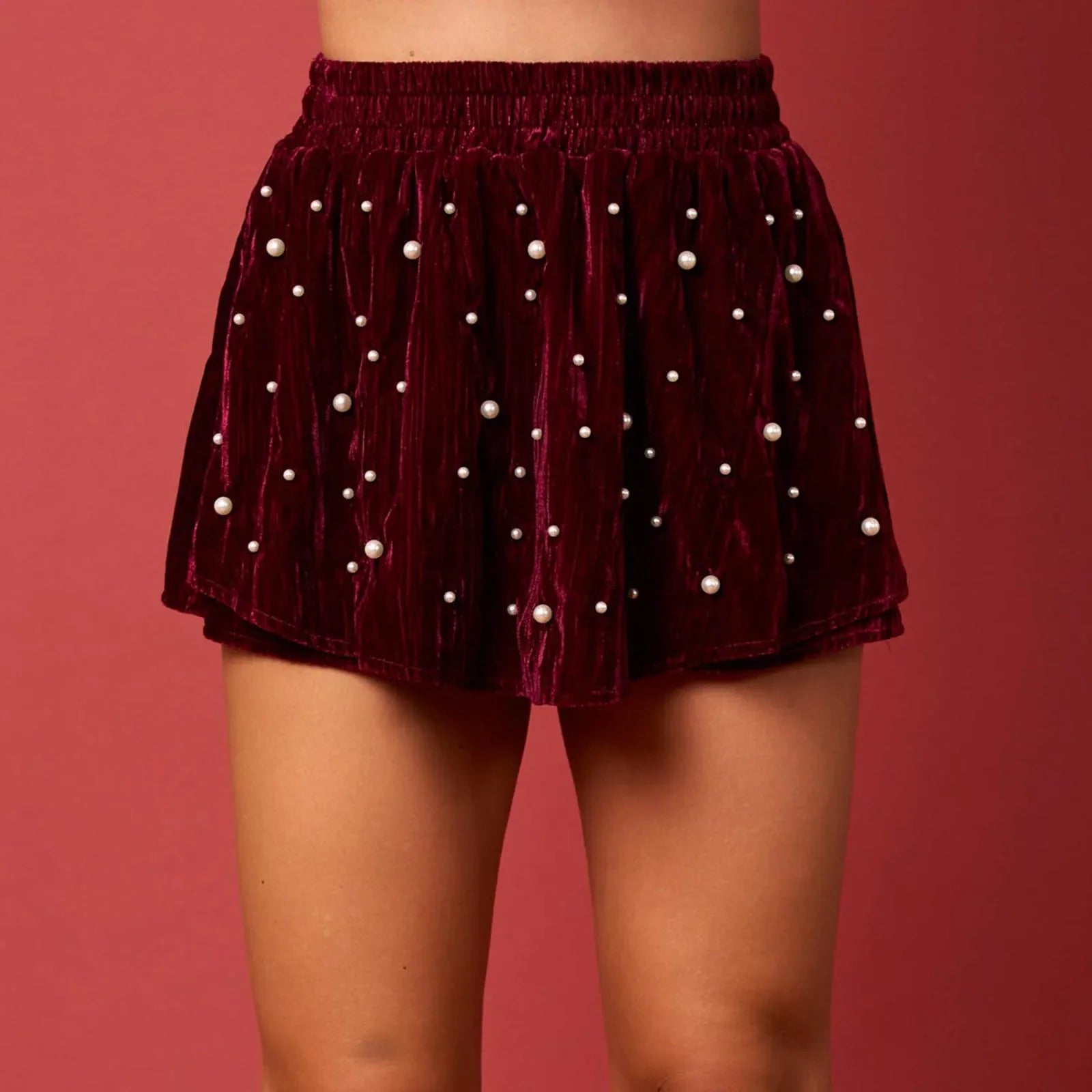 Women’s Velvet Skorts Skirts Shorts Fashion Autumn Elastic High Waist Pearl Studded Skirt Shorts Elegant Christmas Female Shorts