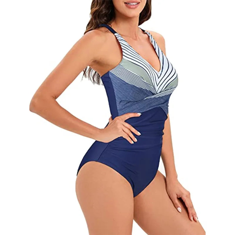 Sexy Stripe Patchwork Swimwear Women 2026 V-neck One Piece Bikini High Waist Slim Monokini Summer Suspender Backless Beachwear