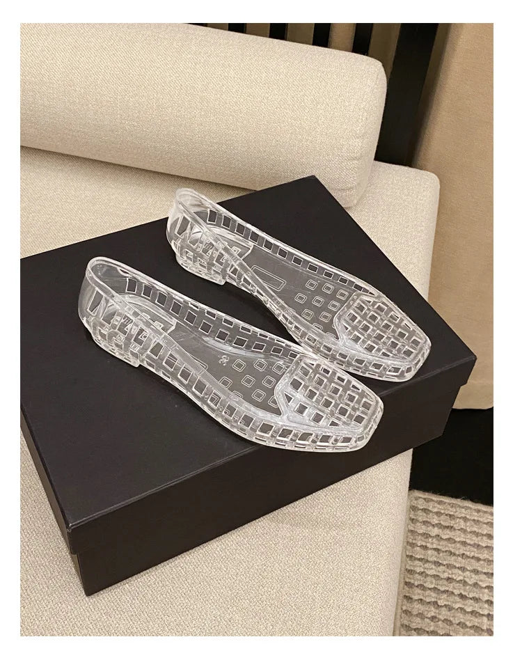 New 2025 Women Fashion Jelly Shoes Summer Cut-out Flat Sandals, Soft PVC Casual Square Toe Girls Daily Walking Sandalias