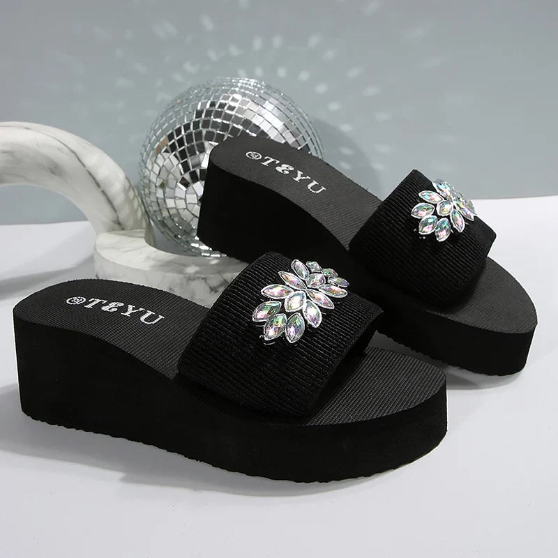 Rhinestone Decor Platform Slippers Women Summer Elastic Band Wedge Heels Sandals Woman Non Slip Lightweight Outdoor Slides 36-42