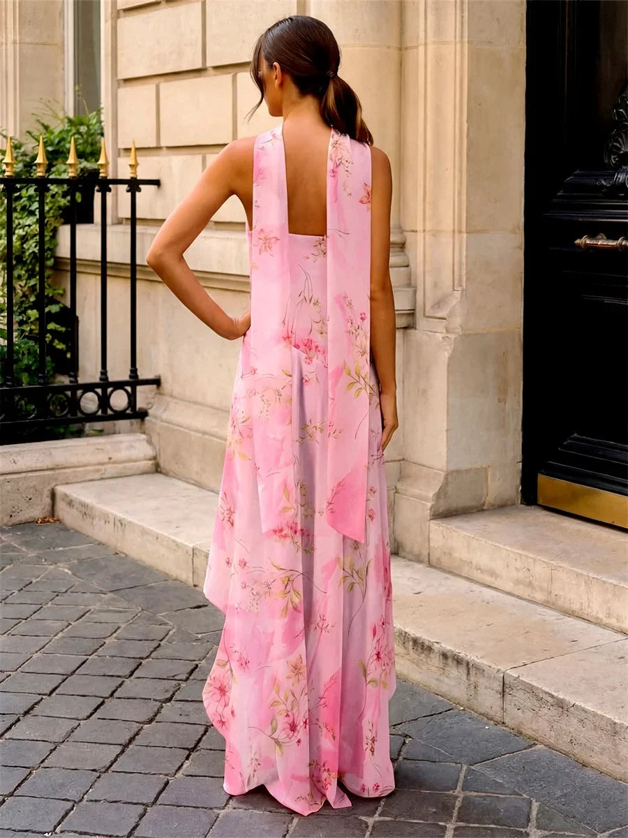 Women Flower Printed Tube Dress Summer Strapless Ruffles High Split Dress with Scarf for Party Cocktail Streetwear