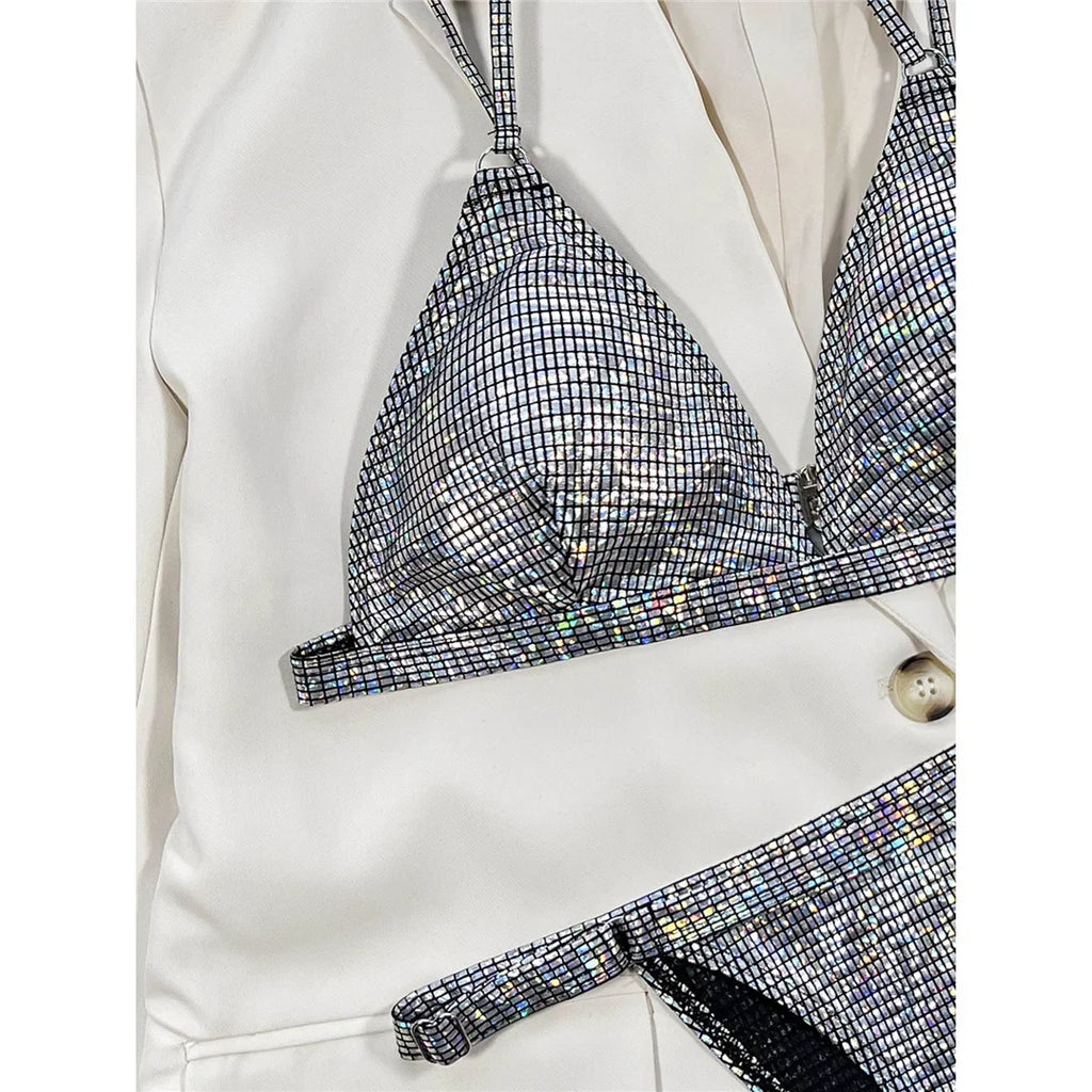 S - XL Sexy Shiny Sequins High Leg Cut Bikini Female Swimsuit Women Swimwear Two-piece Bikini set Bather Bathing Suit Swim V3862
