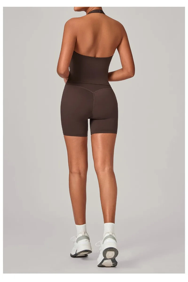 Women's Seamless Yoga Fitness Sets Sports Halter Neck Backless Vest Hip-lifting Slim Fit Shorts Suits Running Workout Gym Sets