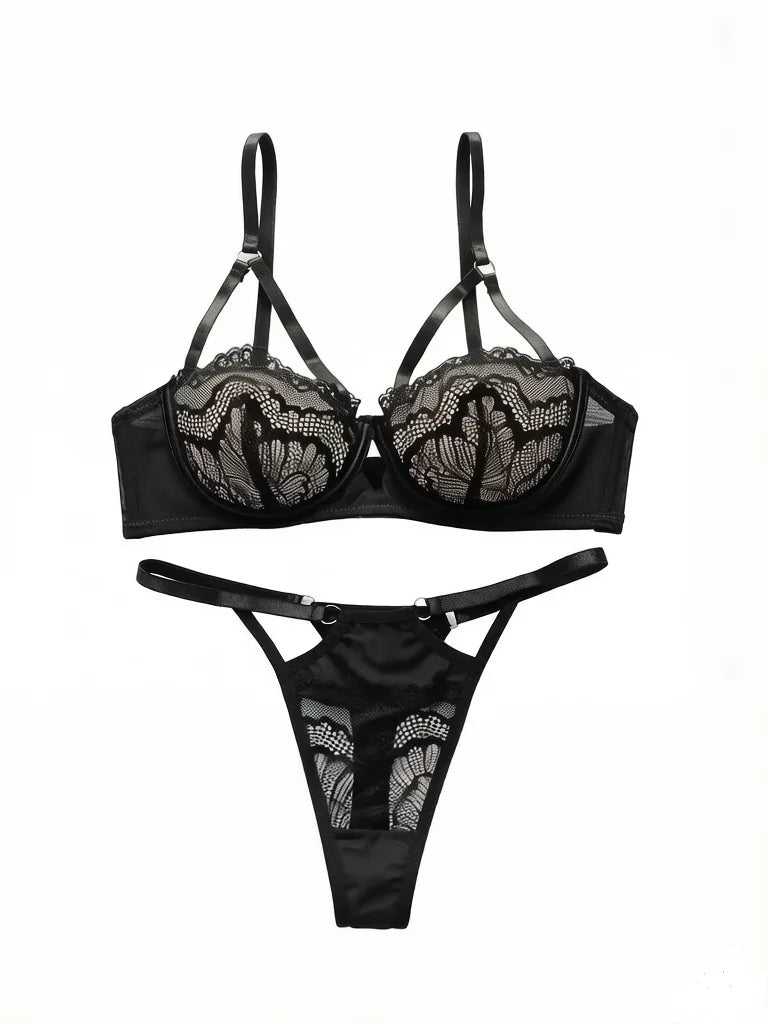 High Quality New Sexy Underwear For Women's Lace Transparent Hollow 3/4 Bra Gathering Steel Ring Push Up Underwear Set HR2634