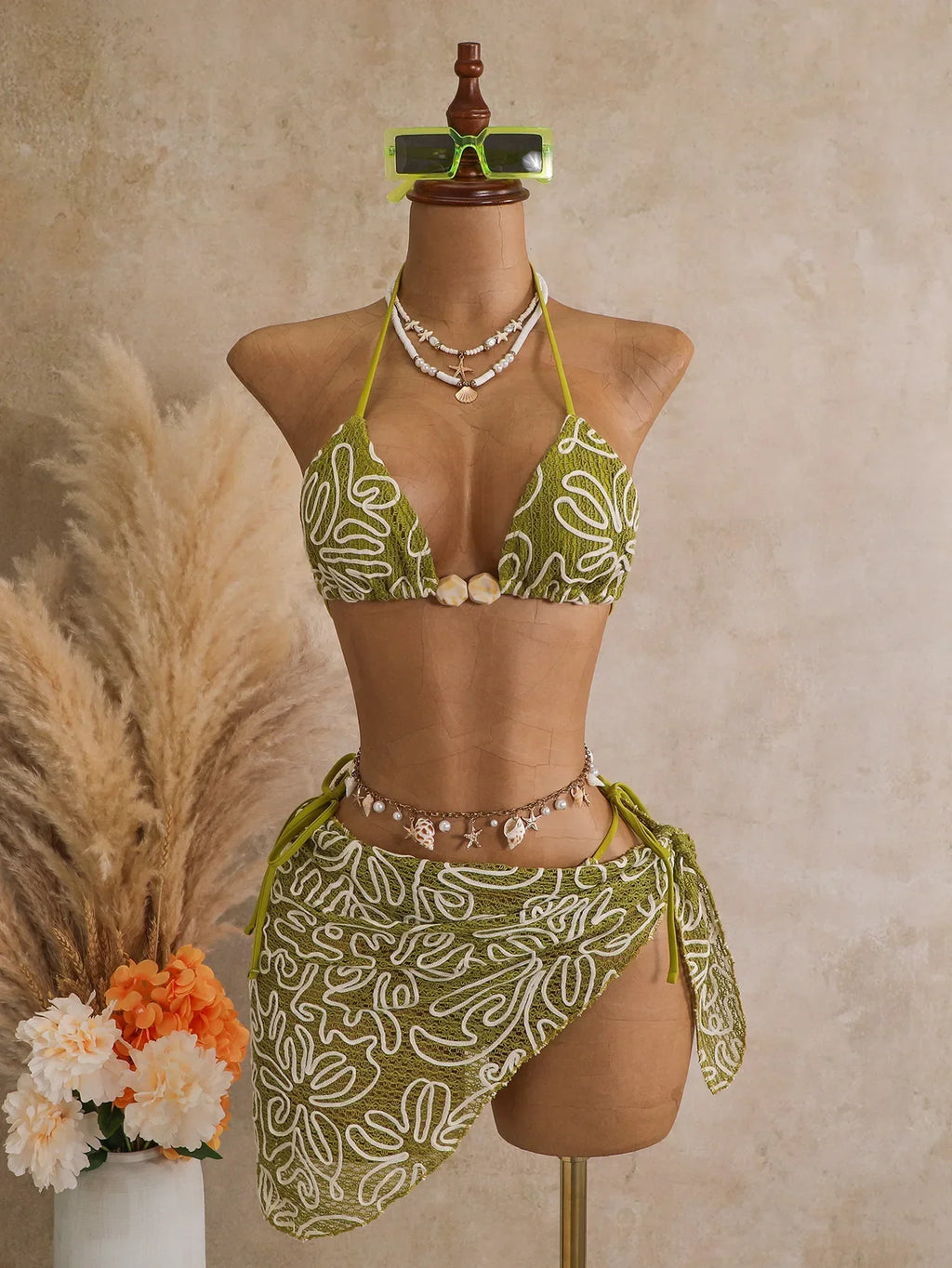 Vintage Pink Mesh Skirt 3 Piece Bikini Set Women Stone Strap Push Up Bra Triangle Swimsuit Holiday Bathing Suit Swimwear 2026