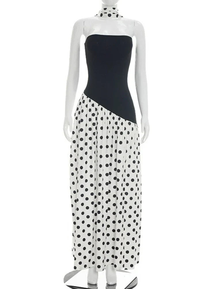 FDYOUI Elegant Bandage Polka Dot Patchwork Evening Dresses Women's 2026 Summer Off Shoulder High Slit Pleated Long Party Dress
