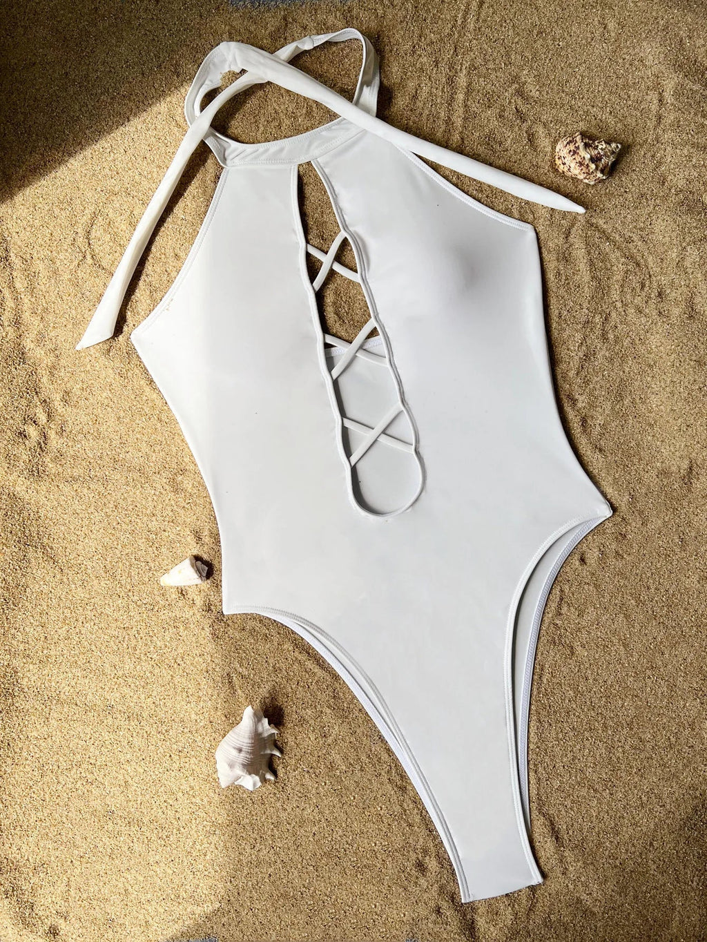 sexy front cross hollow swimsuit one piece solid halter tie bikinis thong swimwear bodysuits women biquini bathing suits 7 color