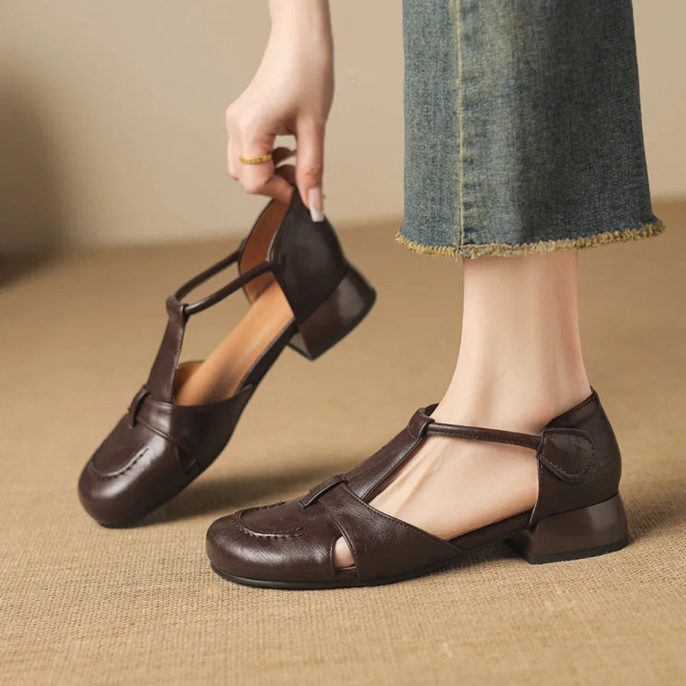 French Slip-on Single Shoes Retro British Shoes for Women Brown T-Strap Shallow Flat Sandals Soft Leather Rome  Summer New 32-43