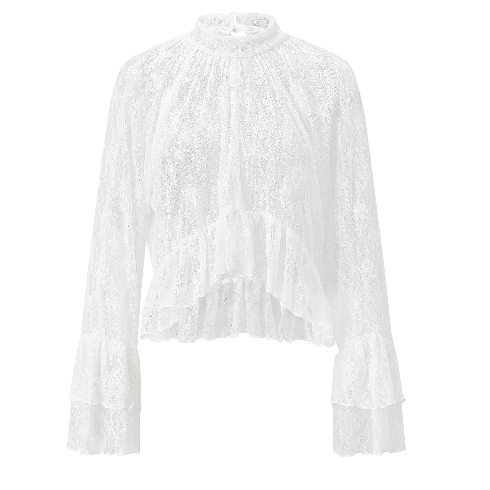 Womens Lace Floral Sheer Blouse Flare Long Sleeve Mock Neck Ruffle Peplum Hem Cropped Shirts Elegant Sexy Cover-ups Tops