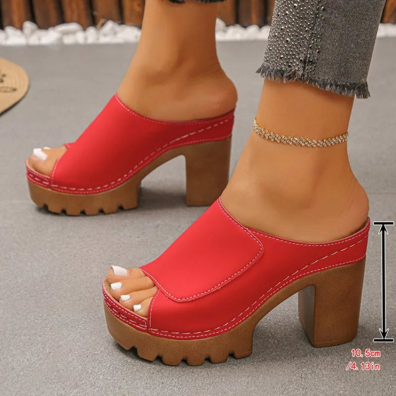 Women Sandals Open-Toe High-Heel Slippers Summer Fashion Outdoor Wear Sandals Slip-On Big Size Shoes Women