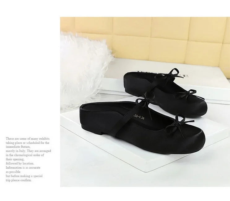 BIGTREE Satin Bow With One Strap With Shallow Mouth Half-Tugging Women's Hollow Inner Heightened Round-Head Sandals Comfortable