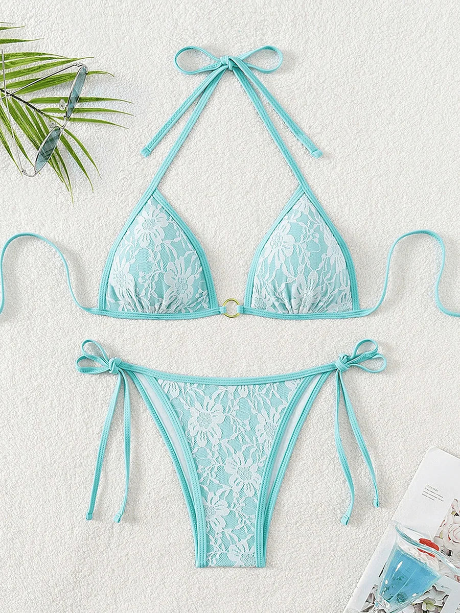 Embroidery Mesh Lace Halter High Cut Bikini Female Swimsuit Women Swimwear Two-pieces Bikini Set Bather Bathing Suit Swim Beach