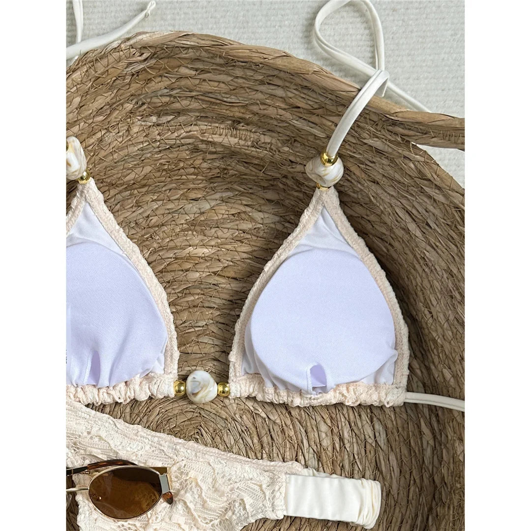 2026 Wrinkled Crinkled Halter Bikini Women Swimwear Female Swimsuit Two-pieces Bikini set Padded Bather Bathing Suit Swim V8135