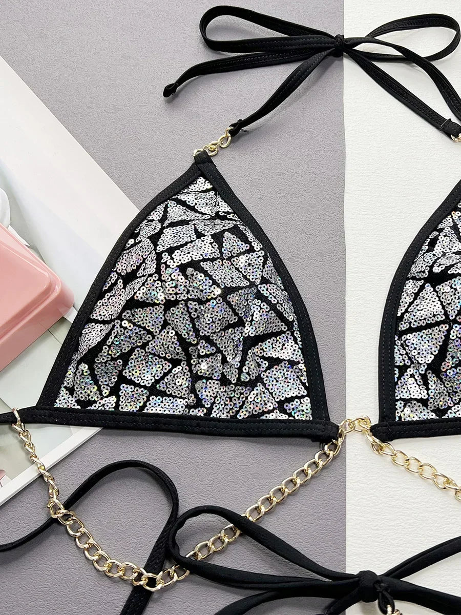 Shiny Bling Sequins Halter Metal Chains Bikini Women Swimwear Female Swimsuit Two-pieces Bikini Set High Cut Bathing Suit Swim