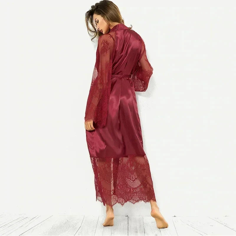 Sleepwear Women's Bathrobe Sexy Lingerie Lace Satin Kimono Sleep Long Dress Robes Pajamas Nightgown