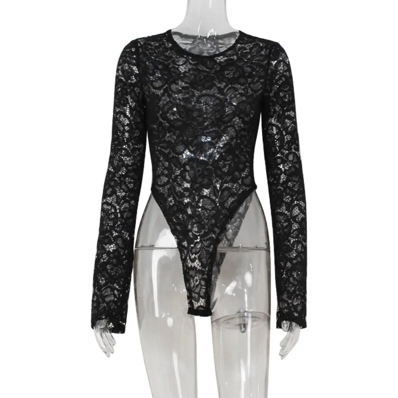 Ahagaga Floral Lace Women's Bodysuits Sexy Solid See Through Tees O-Neck Long Trumpet Sleeve Slim Fit Streetwear Rompers T Shirs