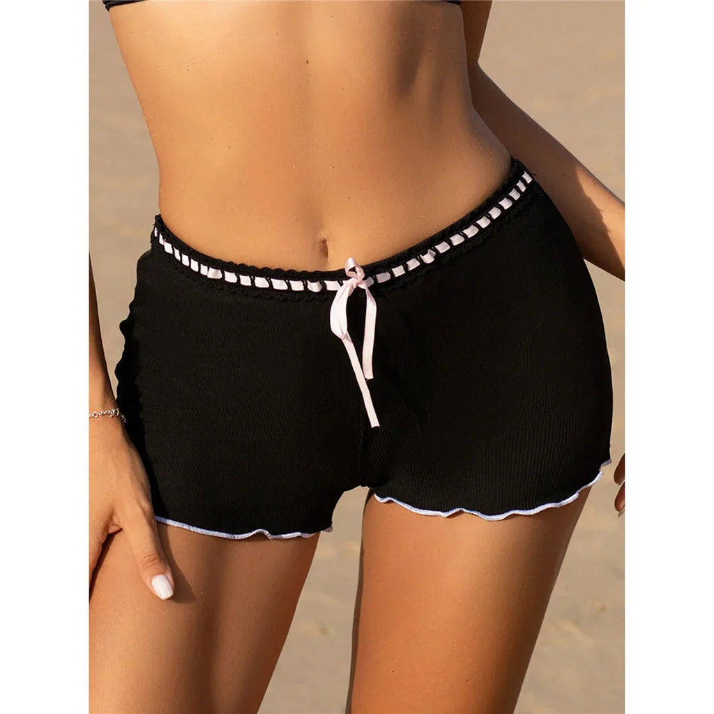 XS - L Bow Mini Shorts Ribbed Bikini Bottom Swim Brief Women Swimwear Female Bather Brazilian Tanga Panties Underwear V6538