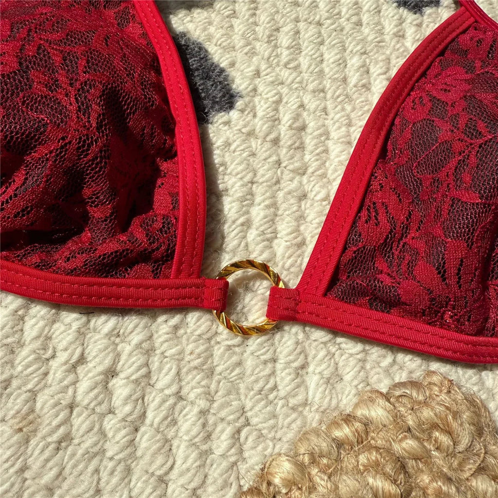 Embroidery Halter High Leg Cut Bikini Female Swimsuit Women Swimwear Two-Pieces Bikini Set Padded Bather Bathing Suit Swim V6849
