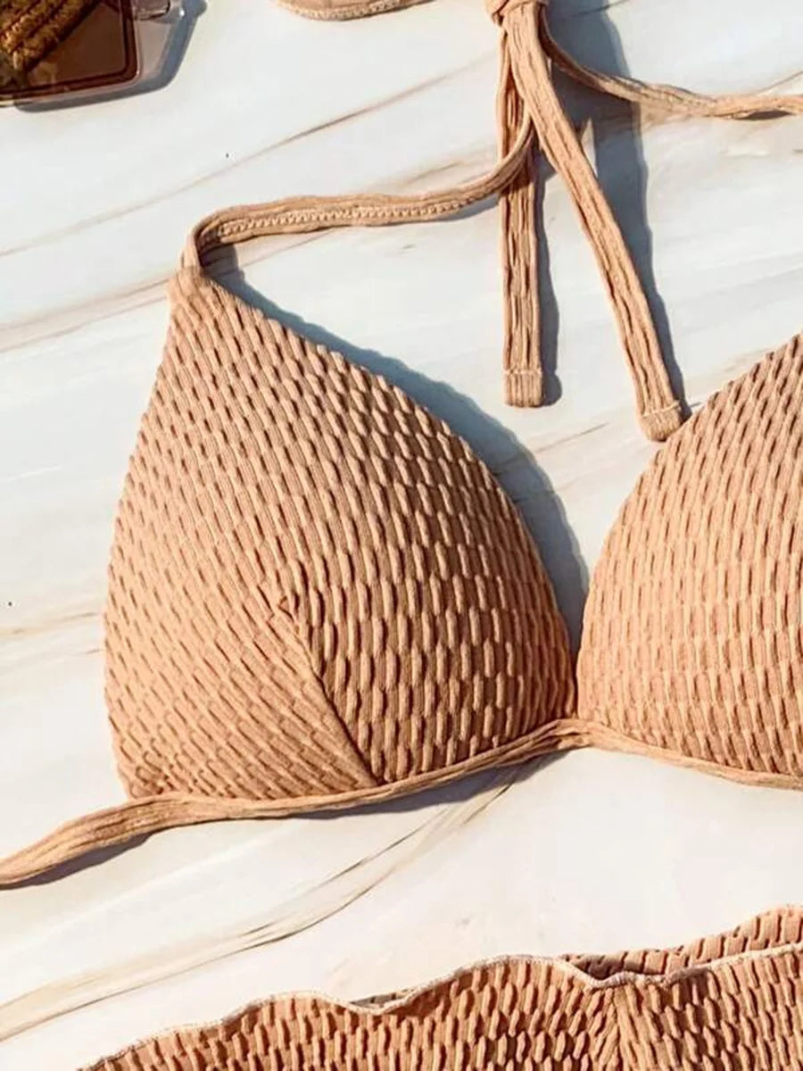 With Beach Sarong Bra Cup Wrinkled Bikini Female Swimsuit Women Swimwear Three-pieces Bikini Set Push Up Bathing Suit Swim Lady