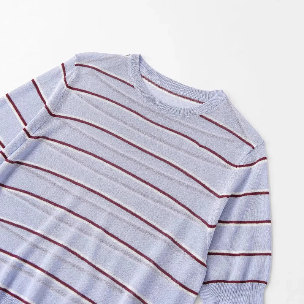 Fashion Short-sleeve Round-neck Striped Knit Top Light Blue With Knit Top Casual Sleeve Crew Neck For Women Daily Wear 0NSB