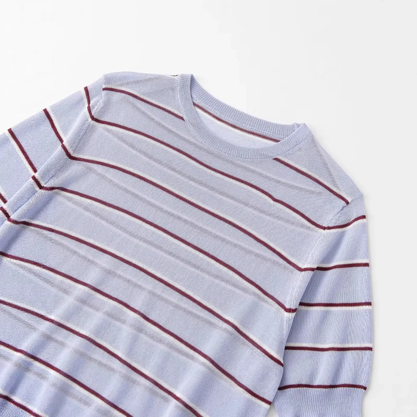 Fashion Short-sleeve Round-neck Striped Knit Top Light Blue With Knit Top Casual Sleeve Crew Neck For Women Daily Wear 0NSB