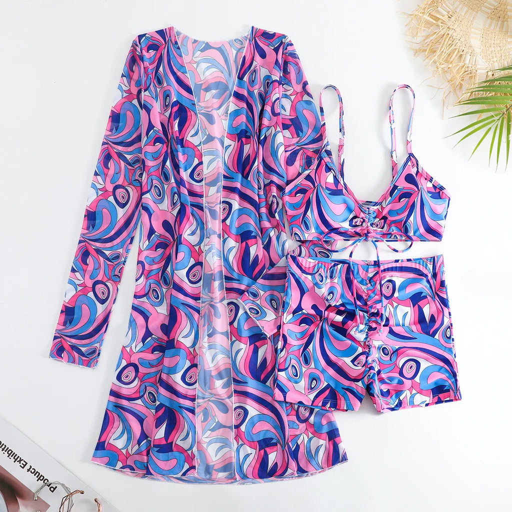 New Sexy 3 Pieces Suit for Women Neck Hanging Bikini Set+Cover-up Swimwear Sunproof Tankini High Waist Shorts Swimsuit Beachwear