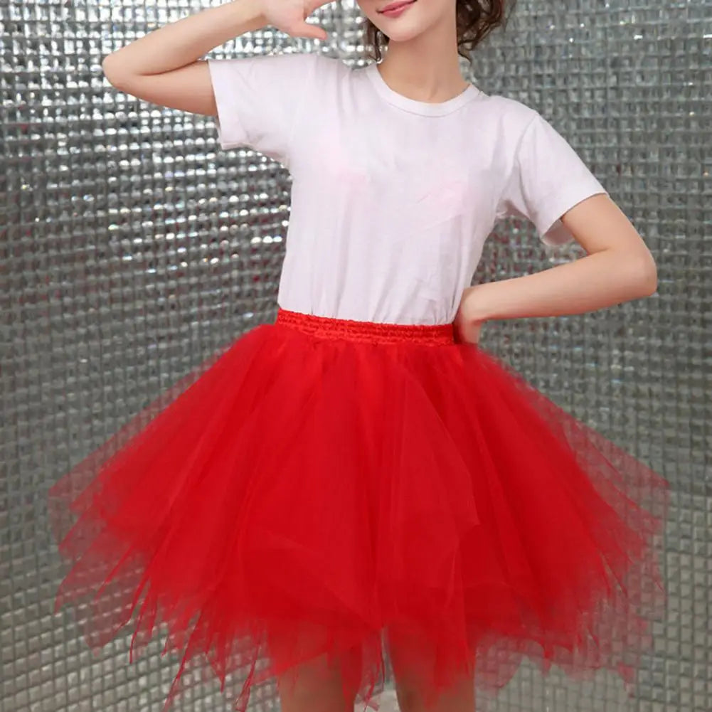 Women Skirt A-line Big Swing Multi-layered Candy Color High Elastic Waist Fluffy Gauze Dancing Performance Short Pleated Skirt