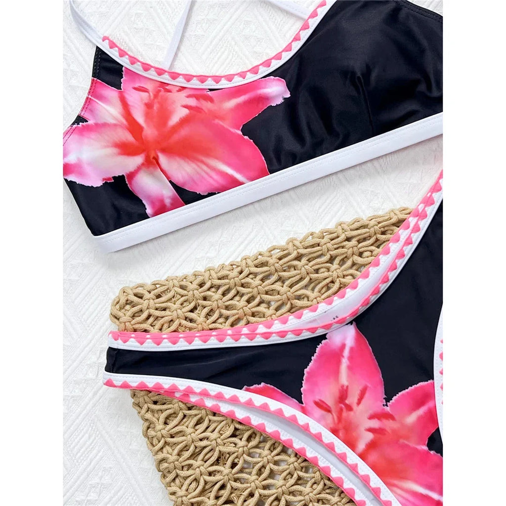 Floral Printed Cross Back Bikini Women Swimwear Female Swimsuit Two-pieces Bikini set Brazilian Bather Bathing Suit Swim K6705