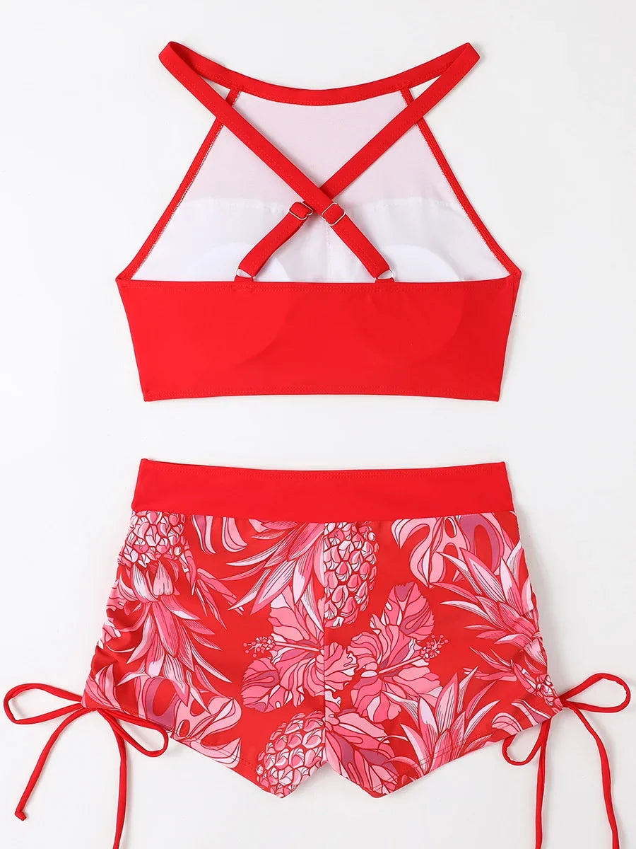 2026 Print High Waist Swimsuit Women High Neck Bikini Drawstring Swimwear Female Bathers Bathing Swimming Swim Suit Beachwear