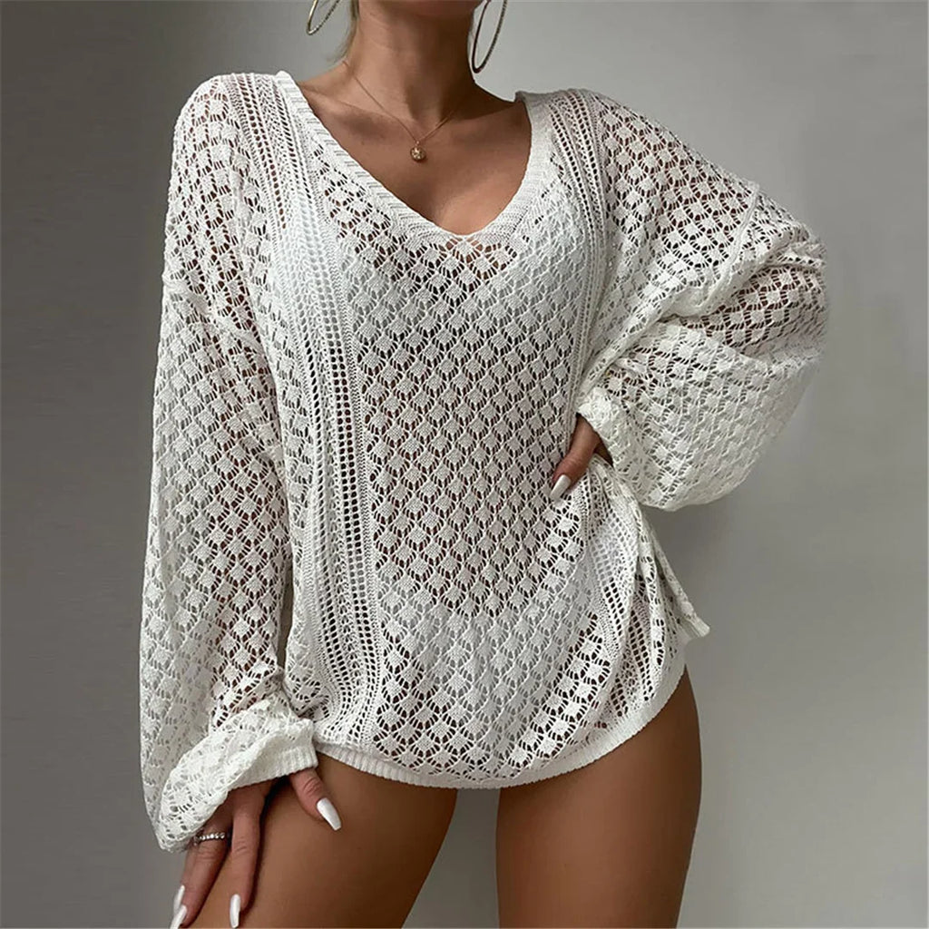 S - XL New V Neck Long Sleeve Crochet Knitted Tunic Beach Cover Up Cover-ups Beach Dress Beach Wear Beachwear Female Women V8284