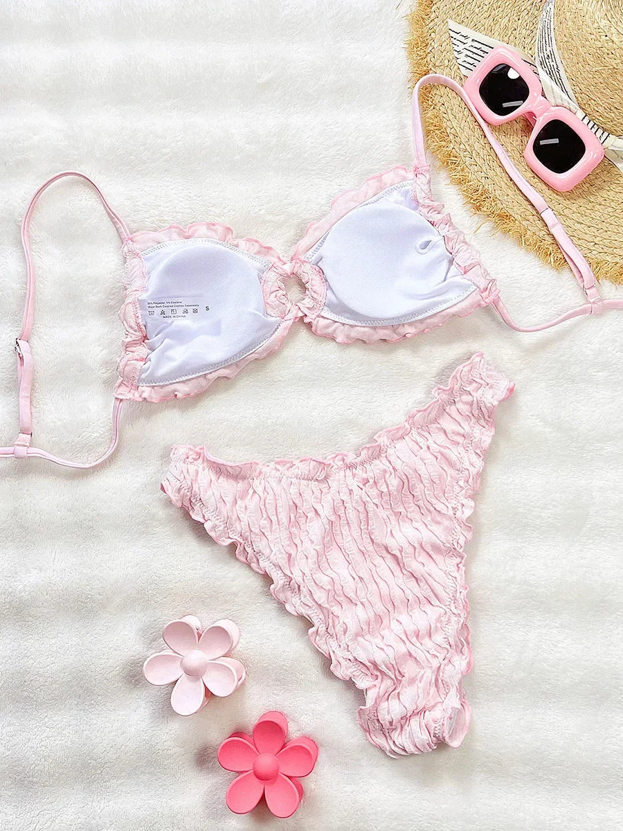 2026 Wrinkled Ruffled Halter Bikini Female Swimsuit Women Swimwear Two-pieces Bikini Set Bather Bathing Suit Swim Lady Beachwear