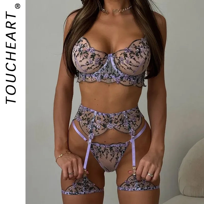 Toucheart Erotic Lingerie Fancy Embroidery See-through Mesh Contrast Color Patchwork Gathertogether Women Delicate Underwear Set