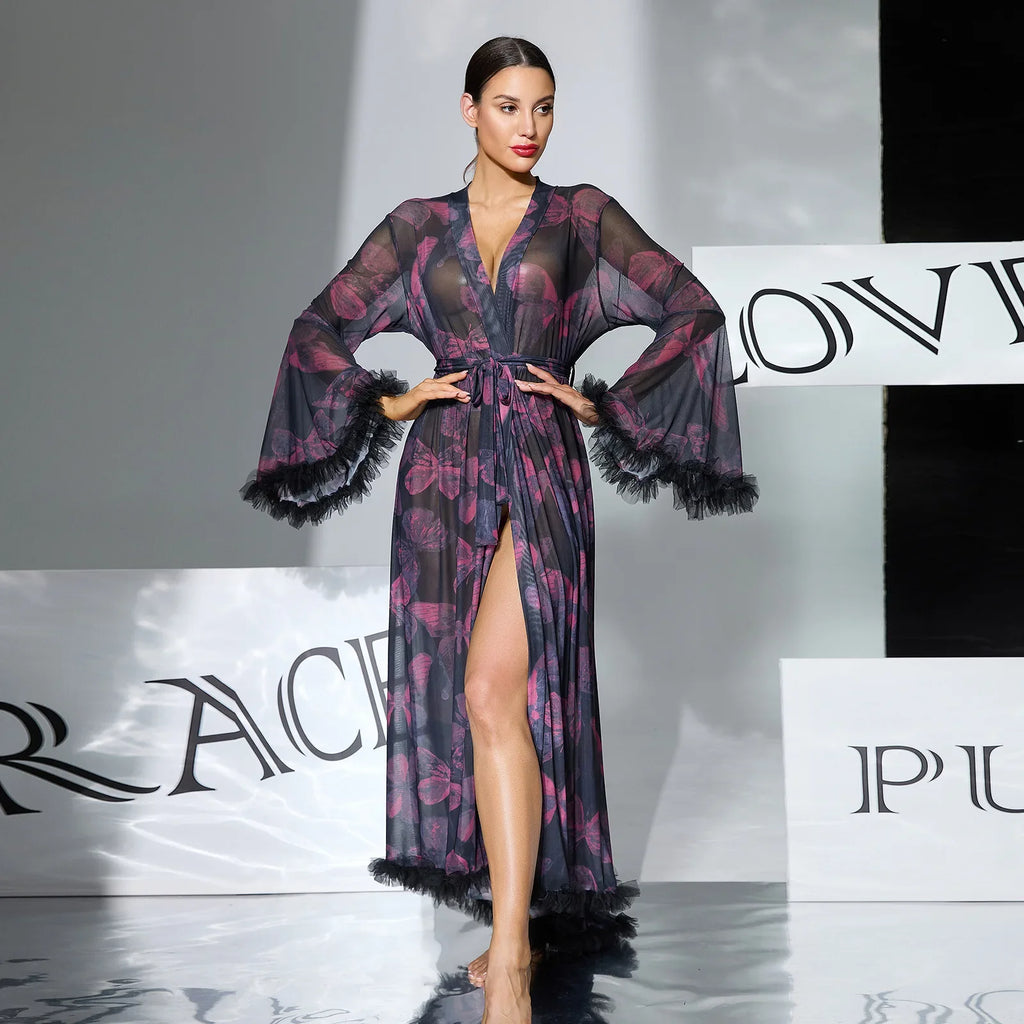 2026 New Women Elegant Butterfly Print Mesh Robe Big Flare Sleeve Lace Up Tassel Fringe High Slit Bathrobe Loungewear