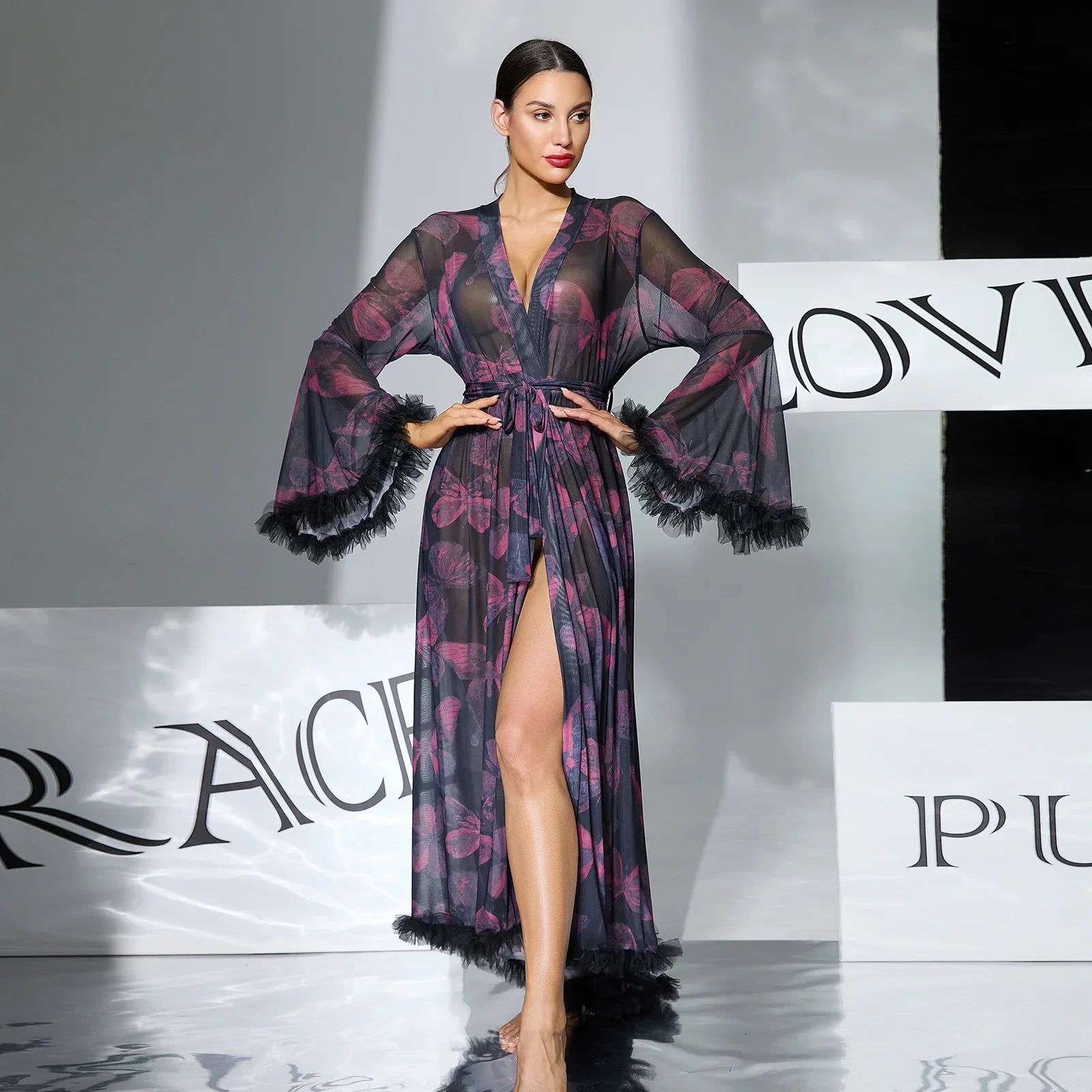 2026 New Women Elegant Butterfly Print Mesh Robe Big Flare Sleeve Lace Up Tassel Fringe High Slit Bathrobe Loungewear